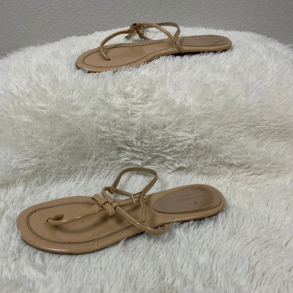 Kate Spade Bow T Strap Sandals Womens Size 11 Beige Flats Shoes Feminine Neutral